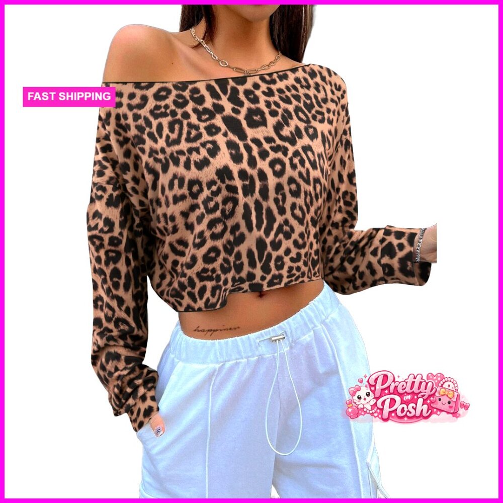 Off Shoulder Crop Top Long Sleeve Oversized Tee Polyester Elastane